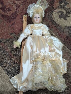 Porcelain Victorian-Style Doll in Ivory Satin and Lace